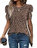 WIHOLL Spring Tops for Women Trendy 2026 Puff Sleeve Work Blouses Dressy Casual Business Outfits Summer Tshirts Shirts Birthday Date Fall Fashion Clothes Leopard Print M
