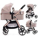 Lortsybab 2-in-1 Baby Stroller - Folding Infant Newborn Pram Stroller with Reversible Seat - Toddler Strollers for 0-36 Months Old Babies (Beige)