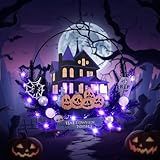 amadecohome Lighted Halloween Wreaths for Front Door, Welcome Metal Wooden Door Wreath Decor Hanging Sign, 30 LED Lighted Wall Decor Battery Operated for Halloween Indoor Outdoor (Pumpkin)