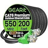 GEARit Cat6 Ethernet Cable 200ft, Outdoor Direct Burial Cat 6 Cable 24AWG High Speed Up to 10Gbps, LLDPE (PE) UV-Resistant Waterproof Jacket, CCA RJ45 Network Internet Cable for Router- Black,200FT