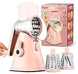 EMSON Rotary Cheese Grater Hand Crank, Stainless Steel Rotary Graters for Kitchen with 3 Blades, Vegetable Slicer, Cheese Shredder with Suction Cup Base, Dishwasher Safe - Pink