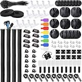 Ditar Cable Management Kit - 4 Cable Sleeve, 57 Self Adhesive Cable Clips, 12 Hanging Strips, 12 Cable Organizer Straps and 100 Fastening Cable Ties for TV Computer Under Desk (Black and White)