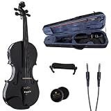 Cecilio 4/4 Full Size Acoustic & Electric Violin for Beginners & Professionals, Hand-Carved Solid Spruce Top, Ebony Fine Tuners, Full Set with Case, Bow, Rosin & AUX Cable (Metallic Black)
