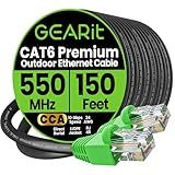 GEARit Cat6 Ethernet Cable 150ft, Outdoor Direct Burial Cat 6 Cable 24AWG High Speed Up to 10Gbps, LLDPE (PE) UV-Resistant Waterproof Jacket, CCA RJ45 Network Internet Cable for Router- Black,150FT