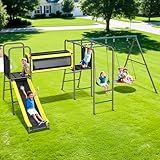 Hapfan 660lbs Swing Set with Slide,Crawl Tunnel and Monkey Bars for Backyard,5 in 1 Metal Swingset Outdoor for Kids Aged 3-12 (Patent Pending)