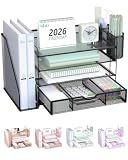 WALI Desk File Organizer, 4 Tier Desktop Paper Letter Tray Organizer with Drawer and 2 Pen Holders, Office Desk Accessories & Workspace Organizers for Office, Home Supplies(DO005DH-B), 1 Pack, Black
