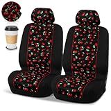 Tallew 2 Sets of Red Cherry Car Seat Covers for Front Seats with Matching Headrest Covers Absorbent Car Cup Coasters with Finger Notch Fits for Most Cars, Van, Trucks, SUV