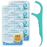 Alosalut 480 Count Dental Floss Picks – Mint Flavored Flossers with Built-in Toothpick for Deep Cleaning – 8 Portable Boxes of 60 – Strong & Smooth Floss Sticks for Family Home Travel - Adults & Kids