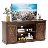 Sweetcrispy Farmhouse TV Stand 65 Inch for Living Room Bedroom Brown, Tall Entertainment Center with Storage Shelves, Media Console Cabinet with Wood Board, 300 LBS Capacity and Sliding Barn Door