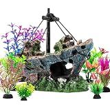 Xereooe 8Pcs Fish Tank Decorations Set Sunken Ship Decoration,Resin Material Fish Tank Accessories Accessories for Natural Look, Aquarium Shipwreck x 1pc, Aquatic Plants x 7pcs
