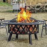 EcoNook 36 Inch Wood Burning Fire Pit with 2 Loops, Outdoor Fire Pit with Spark Screen & Fire Poker, Cross Weave Firepit for Outside Fireplace Bonfire for Yard,Patio, Garden