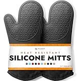 BPA-Free Silicone Oven Mitts Ultra Heat Resistant up to 500°F - Oven Mitts with Thick Cotton Liner - Long Slip Resistant Pot Holders, Flexible Oven Gloves - Black 13.7"