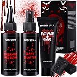 BOBISUKA Halloween Fake Blood Kit, 1.76oz Blood Spray + 1.76oz Dripping Blood + 1.06oz Stage Blood Gel + 2 Sponges, Realistic Washable Fake Blood Makeup for Clothes Vampire Zombie Monster SFX Cosplay