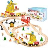 60PCS Wooden Train Set - Toy Magnetic Trains with Wooden Track Set for Kids Ages 3-8, Construction Crane Railway Set, Perfect Easter Birthday Gift for Grandkids Toddlers Boys Girls