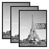 upsimples 12x16 Picture Frame Black 3 Pack, Scratch-Proof Poster Frames 12 x 16 for Photo Gallery - Slide-In Strips, Horizontal or Vertical Wall Mounting
