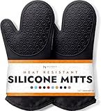 BPA-Free Silicone Oven Mitts Ultra Heat Resistant up to 500°F - Oven Mitts with Thick Cotton Liner - Long Slip Resistant Pot Holders, Flexible Oven Gloves - Black 13.7"