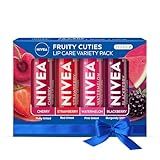 NIVEA Lip Care, Fruity Tinted Lip Balm Variety Pack, Holiday Lip Balm Gifts for Her, With Cherry, Strawberry, Blackberry and Watermelon Flavors, 0.17 Oz Stick, Pack of 4