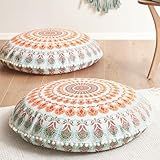 Codi Floor Pillows for Adults Set of 2, Large Boho Meditation Cushions with Memory Foam, Round Mandala Seating for Outdoor Yoga and Living Room, Washable, 32 Inch, Coral