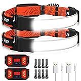 Adelante LED Headlamp Flashlight, 2Pack 1000LM 230°Wide-Beam Rechargeable Head Lamp for Adults, Red Taillight & 8 Clips Waterproof Hard Hat Light Headlamps for Running Hiking and Camping