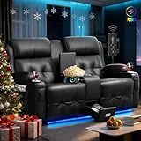 Loveseat Recliner Sofa, Home Theater Seating Massage Reclining Couch with LED Lights, USB, Center Console, Wall Hugger RV Recliners, 145° Recline & Cup Holders & Side Pockets,for RV & Movie Room