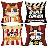 Fjfz World Cinema Movie Decorative Throw Pillow Covers 18 x 18 Set of 4, Now Showing Cat Dog Popcorn Clapper Board Theater Home Decor, Funny Film Tickets Filmstrip Movie Room Couch Cushion Case