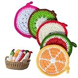 Handmade Yarn Coasters with Storage Basket – 5-Pack Soft Crochet Drink Coasters – Washable, Durable – Unique Gift for Coffee Lovers, Housewarming, Birthday (Fruit)