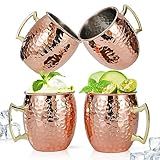 Amrules Moscow Mule Mugs Set of 4, 16 OZ Hammered Copper Cups with 304 Stainless Steel Lining and Gold Brass Handles, for Cold Drinks, Beer, Wine, Bars, Parties