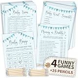 WOODAMORE Hilarious Baby Shower Games Boy - 4 Funny Baby Games for Baby Shower Boy Decorations, Blue Trivia Card Word Scramble Mommy Or Daddy Game for 25 Guests