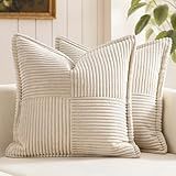 MIULEE Decorative Throw Pillow Covers for Couch Bed Livingroom 18x18 Inch Set of 2 Beige Boho Accent Throw Pllows Broadside Striped Patchwork Soft Corduroy Pillowcases