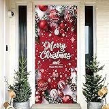 Saoplasa Merry Christmas Door Banner Happy New Year 35x71 Inch Red Christmas Front Door Cover with Snowflakes and Lettering for Xmas Winter Seasonal Holiday Party Porch Wall Hanging New Year Entryway Decoration