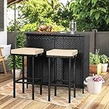 Patiomore 3-Piece Patio Outdoor Bar Set with Two Stools and Glass Top Table Patio Brown Wicker Furniture with Removable Cushions for Backyards, Porches, Gardens or Poolside