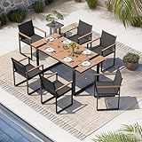 Oasbira Outdoor Dining Set, HDPS + Aluminum Patio Table and Chairs Set with U-Shaped Base, 7 Piece Outdoor Furniture Set with Umbrella Hole, Patio Dining Table Set for Garden, Backyard (Gray-Teak)