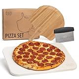 Cuzi Gourmet 3-Piece Pizza Stone Set - 15x12" Thermal Shock Resistant Cordierite Pizza Stone, 15x12" Natural Wood Pizza Peel & Pizza Cutter - Pizza Stone for Grill and Oven