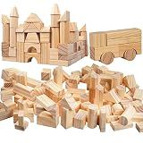 Wooden Blocks Set - 100 Pc Natural Colored Wood Building Block Toys- 100% Real Wood, 14 Different Shapes, Great Gift for Kids or School Project, Hands On Indoor Activity Play- Build, Stack and Create