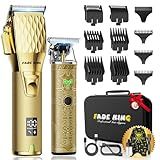 FADEKING® Professional Hair Clippers & Beard Trimmer Set for Men – Cordless Barber Clippers with LCD Display, Precision Trimmer & Travel Case – Gifts for Men Husband Father (Gold + Bronze)
