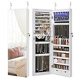 SONGMICS Hanging Jewelry Cabinet, Wall-Mounted Cabinet with LED Interior Lights, Door-Mounted Jewelry Organizer, Full-Length Mirror, Gift Idea, White UJJC99WT