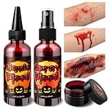 6PCS Halloween Fake Blood Makeup Kit, 2.1oz Fake Blood Spray & 2.1oz Liquid & 1.05oz Gel & Sponge Brush Soap, Washable Halloween Makeup Kit for Clothes Zombie Vampire Clown Monster Cosplay Costume