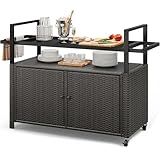 YITAHOME XL Outdoor Storage Cabinet, Outdoor Storage Cart with Wheels and Black Glass Table Top for Patio, Outdoor Cabinet for Poolside and Backyard (Dark Brown)