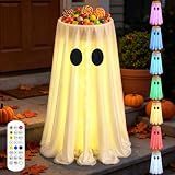 31 in Large-Capacity Halloween Ghost Candy Bowl Stand with 7 Colors LED Lights Timer Remote Halloween Candy Bowl Holder for Trick-or-Treat with 2 Replaceable Emojis Halloween Decorations for Outdoor