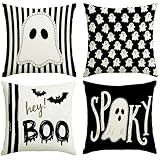 Halloween Decor Pillow Covers 18x18 Inch,Set of 4 Halloween Decoration Indoor Outdoor Throw Pillow Covers, Hey Boo Cute Spooky Ghost Black Striped Linen Cushion Case for Home Sofa Couch Bed Chair