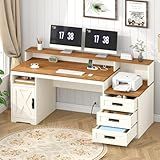 TVU Farmhouse Computer Desk with Drawers, 65'' Home Office Desk with Power Outlets, Storage Cabinet and Printer Stand, Study Writing Desks with Long Monitor Stand, Brown and White