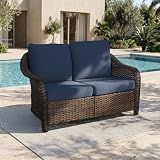 Qsoer 55 inch Outdoor Wicker 2 Seater Sofa, All-Weather Use Patio Rattan Loveseat with Seat and Back Cushion, Ideal for Porch, Backyard, Balcony, Poolside, Blue