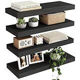 Fixwal Black Floating Shelves for Wall, Rustic Wood Shelves for Bathroom, Living Room, Bedroom and Kitchen, Wall Shelves for Storage, Books, Room Decor (Set of 4, 15.7 Inch)