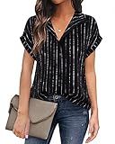 Timeson Womens Blouses for Work Professional,Summer Dress Shirts for Women Office Short Sleeve Ladies Tops and Blouses Business Casual V Neck Chiffon Tunics Loose Fit Formal Clothes Black Stripe XL