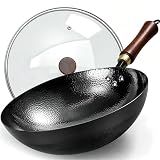 UMETRE Carbon Steel Wok Pan, 12.6-Inch Nonstick Pre-Seasoned Woks & Stir-Fry Pans with Glass Lid, No Chemical Coated Wok Round Bottom Hand Hammered Chinese Wok for Gas Stoves