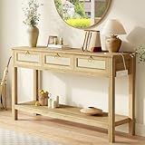 SUPERJARE Rattan Console Sofa Table with Outlets and USB-C Port, 3 Drawer Entryway Table with Synthetic Rattan Surface, Open Shelf, Behind Couch Entry Foyer Hallway Storage, Natural