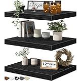 QEEIG 12" Deep Floating Shelves for Wall - 12 x 16 inch Book Shelf Bathroom Bedroom Kitchen Living Room Hanging Bookshelf Farmhouse Set of 3, Black (026-40B3)