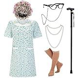 EBYTOP Old Lady Costume for Women, Halloween Granny Dress Up Wig Grandma Glasses Cane 100 100th Das of School,L-XL