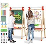 JOYOOSS Kids Wooden Easel with Paper Roll - Adjustable Magnetic Double Sided Drawing Board Whiteboard & Chalkboard Dry Easel Board,Children Art Easel for 3~12 Years Kids Boys Girls Painting Drawing