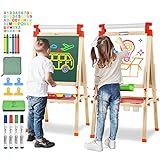 JOYOOSS Kids Wooden Easel with Paper Roll - Adjustable Magnetic Double Sided Drawing Board Whiteboard & Chalkboard Dry Easel Board,Children Art Easel for 3~12 Years Kids Boys Girls Painting Drawing